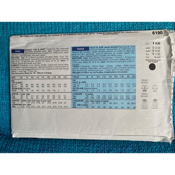 Butterick Sewing pattern 6190 suit blazer skirt sz 12 14 16 - Picture 3 of 6